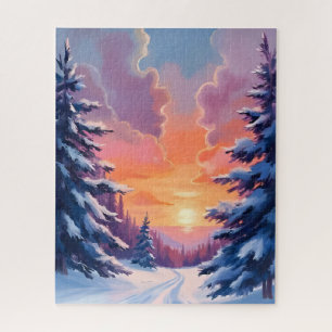 Winter Zonsondergang met Sneeuw Watercolor Lands Legpuzzel