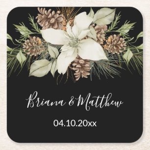 Winter Zwart en Wit Elegant Script Bruiloft Vierkante Kartonnen Onderzetter