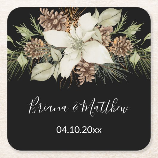 Winter Zwart-wit Elegant Script Bruiloft Vierkante Kartonnen Onderzetter (Voorkant)