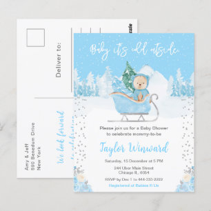 Winterbeer Blauwe slee Babyshower Briefkaart