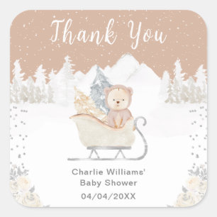 Winterbeer Bruine slee Baby Shower Bedankt Vierkante Sticker