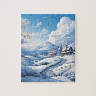Winterbesneeuwde berg in de landpuzzel legpuzzel