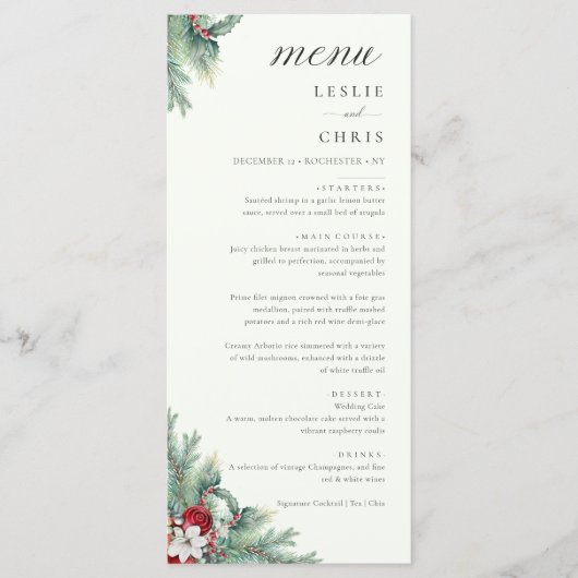 Winterbessen en dennen Waterverf groen bruiloft Menu (Voorkant)