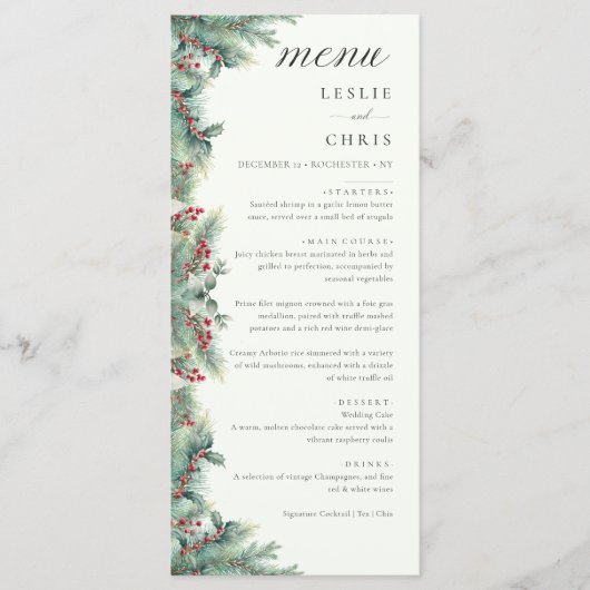 Winterbessen en dennen Waterverf groen bruiloft Menu (Voorkant)