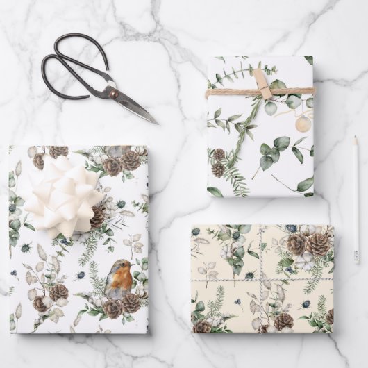 Winterbessen, Pinecones en Evergreen Assorteerden Inpakpapier Vel (Voorkant)
