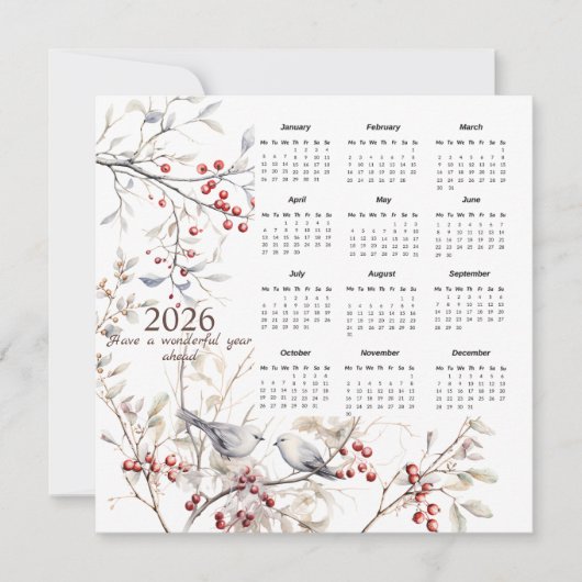 Winterbessen Vogels Kerst 2026 Kalender Feestdagenkaart (Voorkant)