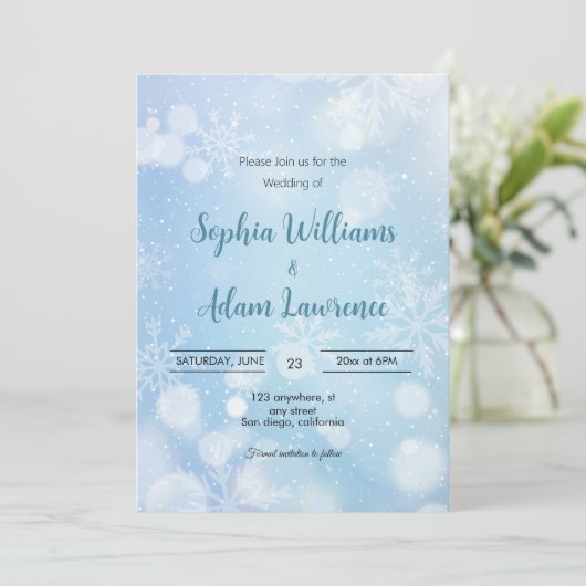 Winterblauw en wit bruiloft uitnodiging (Staand voorkant)