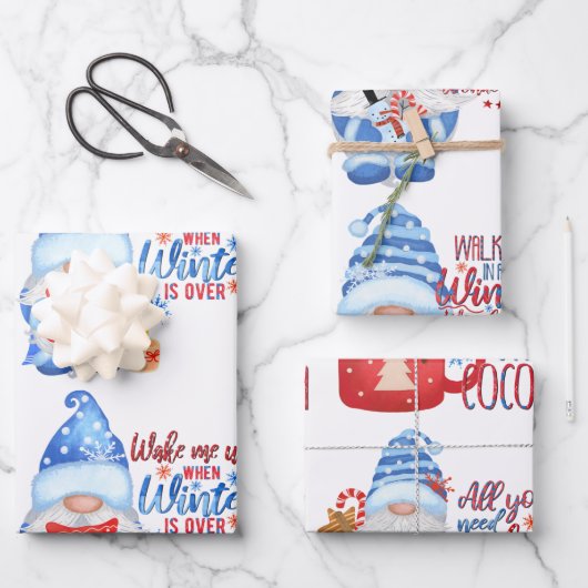 Winterblauw, wit en rood gnomen ompakpapier S Inpakpapier Vel (Voorkant)