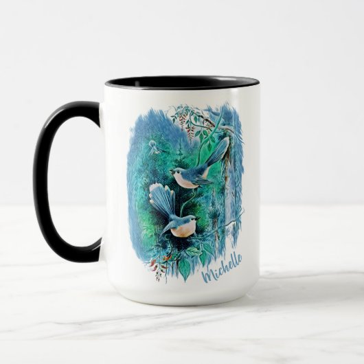 Winterblauwe vogels schilderen met naam mok (Links)