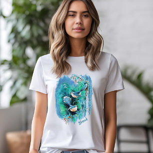 Winterblauwe vogels schilderen met tekst t-shirt