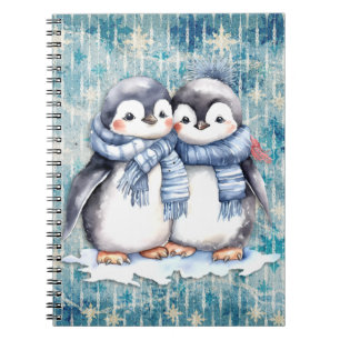 Winterblauwe Waterverf pinguïns met sjaals Notitieboek