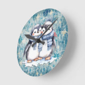 Winterblauwe Waterverf pinguïns met sjaals Ronde Klok (Hoek)