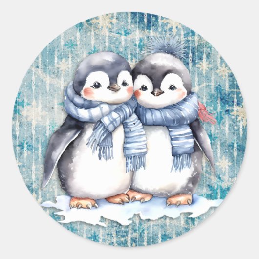 Winterblauwe Waterverf pinguïns met sjaals Ronde Sticker (Voorkant)