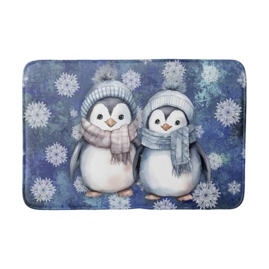 Winterblauwe Waterverf Pinguïns Sjaals Petten Badmat (Voorkant)