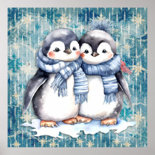 Winterblauwe Waterverf Pinguïns Sjaals Petten Poster