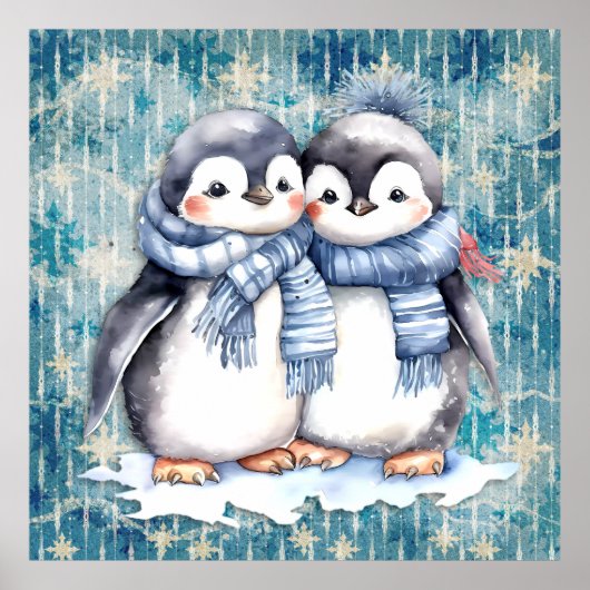 Winterblauwe Waterverf Pinguïns Sjaals Petten Poster (Voorkant)