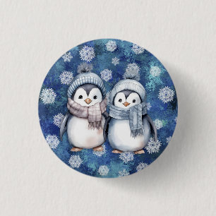 Winterblauwe Waterverf Pinguïns Sjaals Petten Ronde Button 3,2 Cm
