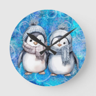 Winterblauwe Waterverf Pinguïns Sjaals Petten Ronde Klok