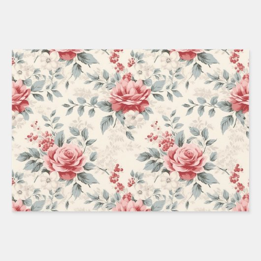 Winterbloemen in Roze Rood en Wit, Kerstmis Inpakpapier Vel (Voorkant 2)