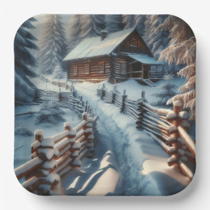 Winterblokhut op een besneeuwde kerstdag papieren bordje