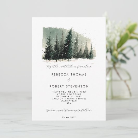 winterbomen berg vakantie bruiloft uitnodiging (Staand voorkant)