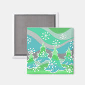 Winterbomen, groene fridge magnet vierkant magneet (Voorkant / Achterkant)