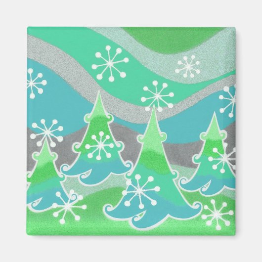 Winterbomen, groene fridge magnet vierkant magneet (Voorkant)