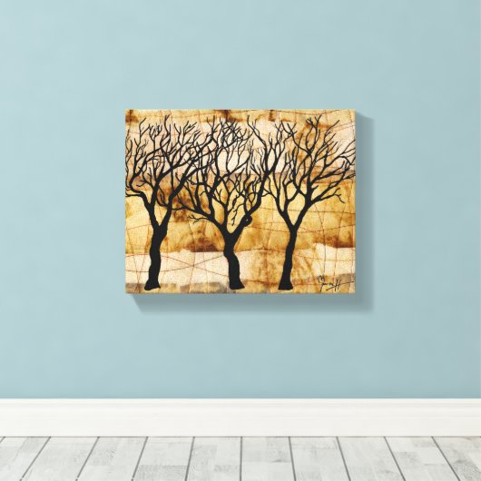 Winterbomen op theezakachtergrond canvas afdruk (Insitu (Houten vloer))