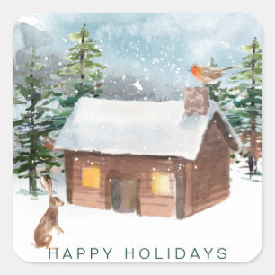 Winterbos, houtkap, robin, hazen vierkante sticker