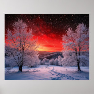 Winterbos onder rode zonsondergang Cinematic Natuu Poster