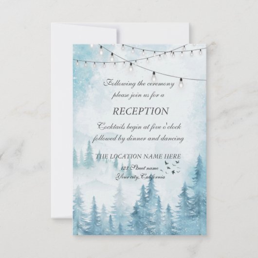 Winterbos, slingerlicht, trouwreceptie kaart (Voorkant)