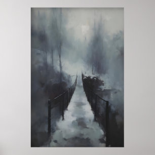 Winterbrug over bevroren stroom, gotische besneeuw poster