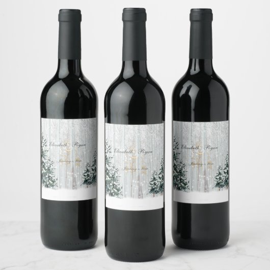 Winterbruiloft Sparkle Snowflakes Pine Trees Wijn Etiket (Flessen)