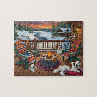 Wintercabine dek honden vuurplaats sneeuw scène legpuzzel
