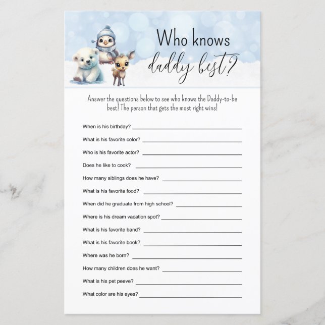Winterdieren Vul het Blanks Game Baby shower in (Voorkant)