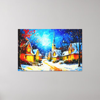 Winterdorp droomt onder maneschijn canvas afdruk