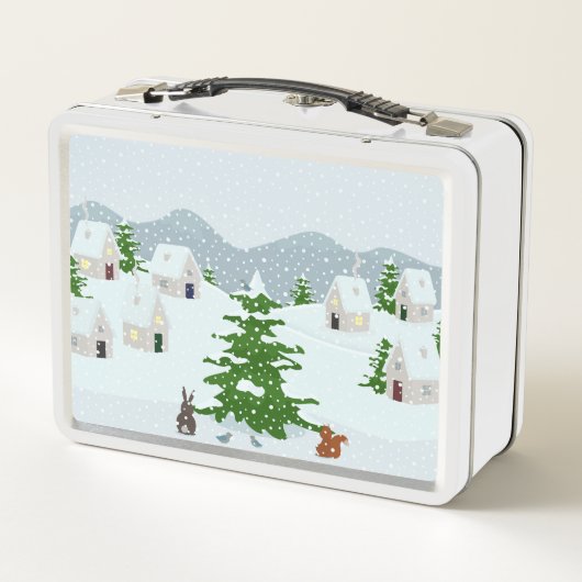 Winterdorp met sneeuw, konijn, eekhoorn en dennen (Achterkant)