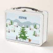 Winterdorp met sneeuw, konijn, eekhoorn en dennen (Voorkant)