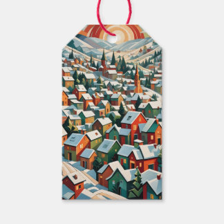 winterdorp onder sneeuw vintage cadeaulabel