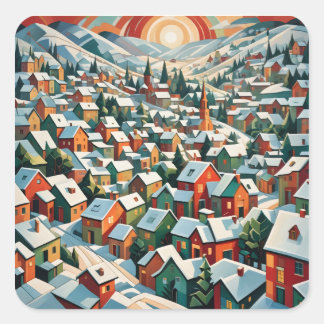 winterdorp onder sneeuw vintage vierkante sticker