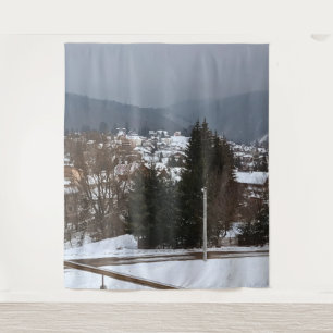 Winterdorp Panorama - Platteland Landschap Roemeni Wandkleed