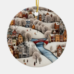 Winterdorpsscene Cozy Besneeuwde Stad Keramisch Ornament