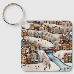 Winterdorpsscene Cozy Besneeuwde Stad Sleutelhanger