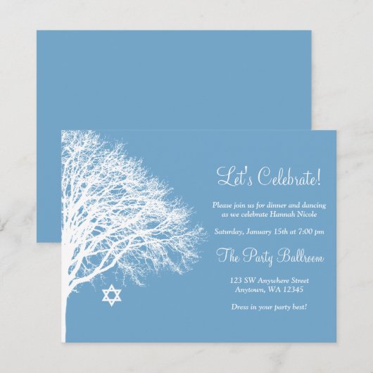 Wintereik Blauwe Bat Mitzvah Receptie Kaart (Voorkant / Achterkant)