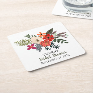 Winterfloralen rood paars bouquet vrijgezellenfees vierkante kartonnen onderzetter