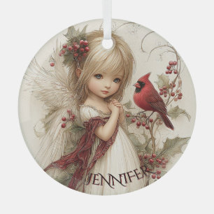 Winterfluisteringen – Feeënkind met Kardinaal Glas Ornament