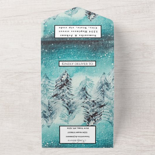 Wintergebergte RSVP Waterverf woud Alle bruiloft All In One Uitnodiging (Buitenkant)