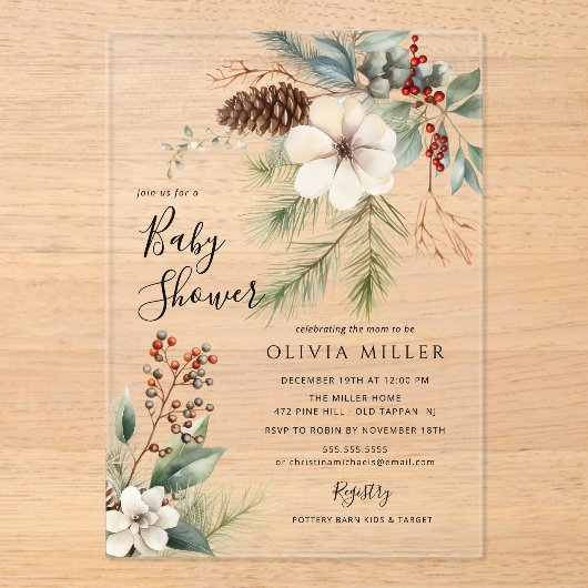 Wintergroen Acryl Baby shower Uitnodiging Acryl Uitnodigingen (Voorkant)