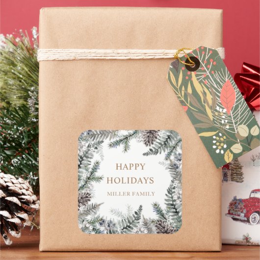 Wintergroen Blauw Gelukkig Kerstdagsmonogram Vierkante Sticker (Feestdagen)