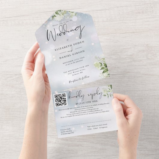 Wintergroen Bloemen QR Code Bruiloft All In One Uitnodiging (Afscheurbaar)